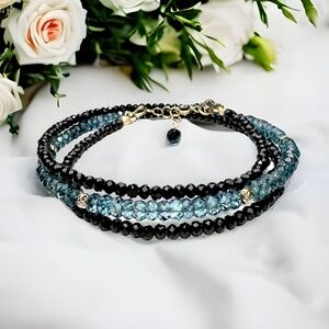 Solid 14k Gold Natural Black Spinel London Blue Topaz Wrap Bracelet | Necklace